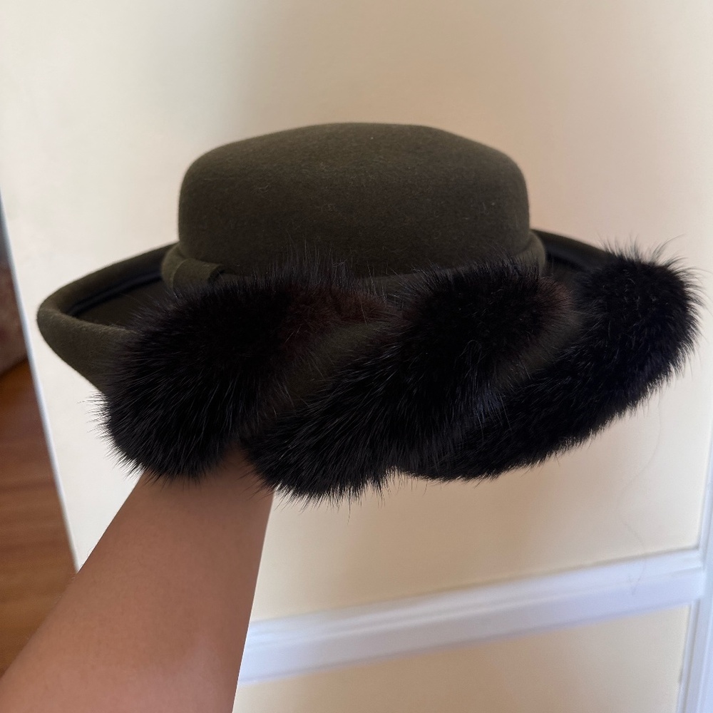 Vintage Don Anderson Wool Navy Green Hat w/ Black Fur